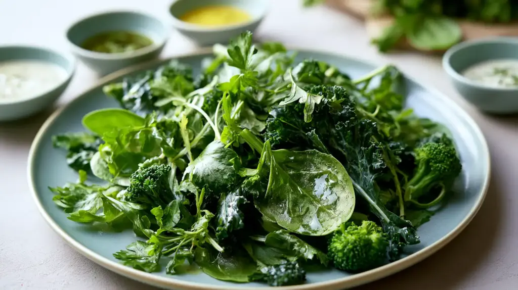 Um prato de salada verde fresca com espinafre, couve, salsa e brócolis — alimentos ricos em ferro — está rodeado por pequenas tigelas de molhos para salada sobre uma superfície clara.