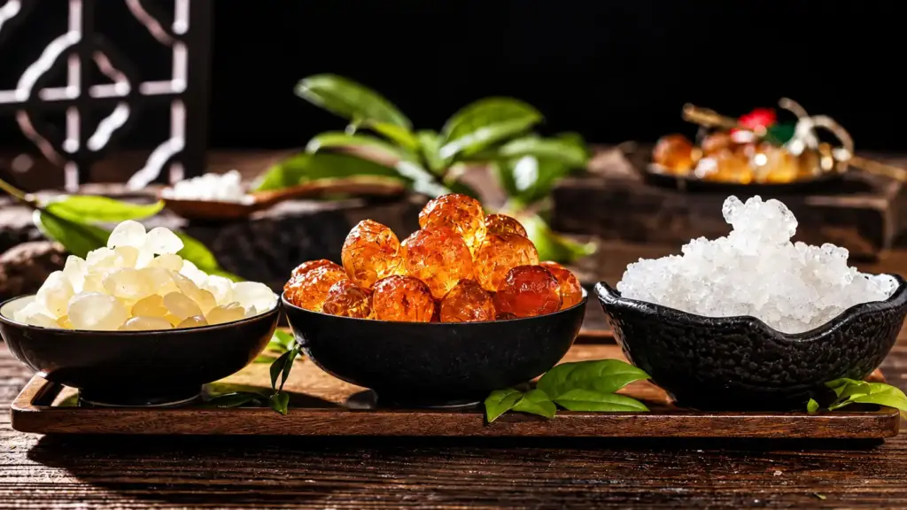 dia nacional da pecuária: Ingredientes e guloseimas em tigelas de cerâmica sobre uma tábua de madeira: fatias de frutas cristalizadas, cubos de ambar e cristais de açúcar com folhas verdes ao fundo, em fundo escuro.