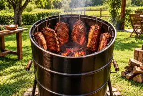 Carne no barril: Churrasco preparado em uma grelha tipo barril ao ar livre, com cortes de carne assando sobre brasas e acompanhamentos na mesa do jardim.