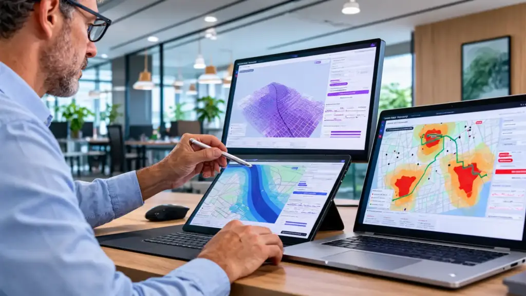 Um homem em um escritório usa uma caneta stylus na tela de um laptop que exibe dados geográficos do Seguro Rural, ao lado de dois monitores que mostram mapas e um software analítico.