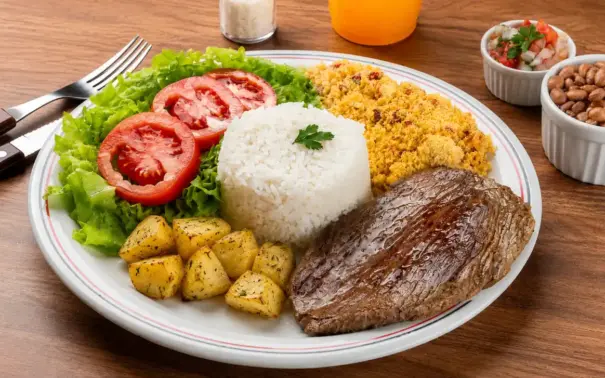 dia mundial da alimentação: prato com arroz branco, bife, salada de folhas verdes e tomate, batatas temperadas e acompanhamentos em mesa de madeira