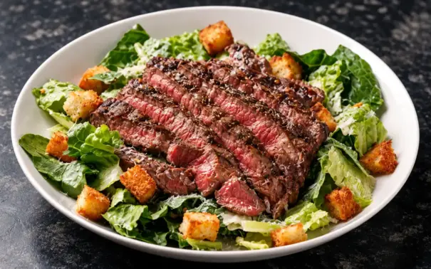 Biodisponibilidade de nutrientes: prato com bife grelhado em fatias sobre salada de folhas verdes e croutons em uma tigela branca