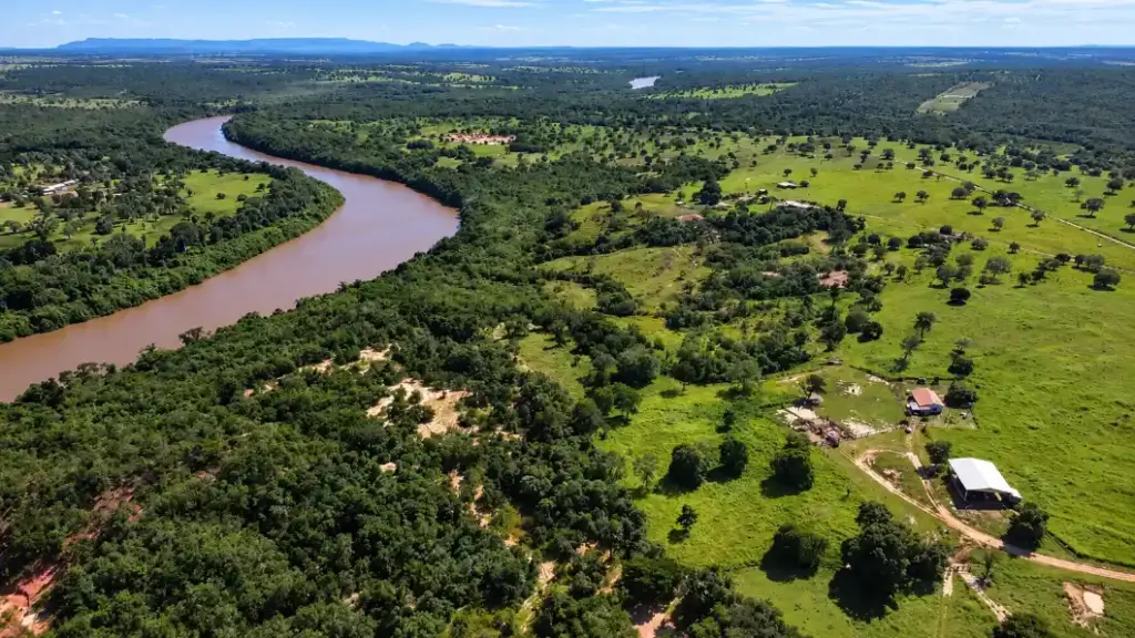Vista aérea de uma paisagem rural com rio sinuoso cortando campos verdes e áreas de mata, com fazendas e construções no entorno ao sol da tarde. seguro rural