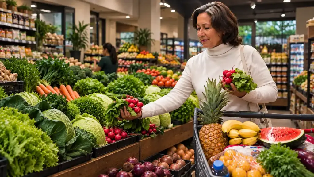 Mulher em supermercado escolhendo legumes e frutas frescas na seção de hortifruti, segurando um ramo de verduras e pequenas frutas vermelhas; foco em biodisponibilidade de nutrientes.
