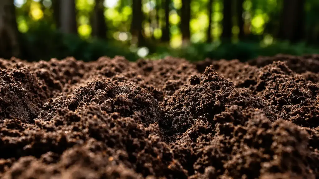 Close-up de terra escura e fértil com torrões na superfície, ao fundo um cenário verde desfocado, remetendo ao preparo do solo para práticas de pecuária baixa emissão