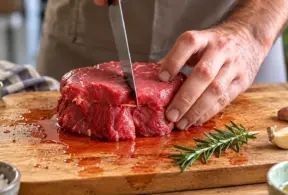 Homem corta carne em um pedaço de carne na tábua de madeira, com faca e temperos como alecrim e alho ao lado, em preparação de receita de carne solta água.