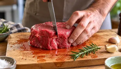 Homem corta carne em um pedaço de carne na tábua de madeira, com faca e temperos como alecrim e alho ao lado, em preparação de receita de carne solta água.