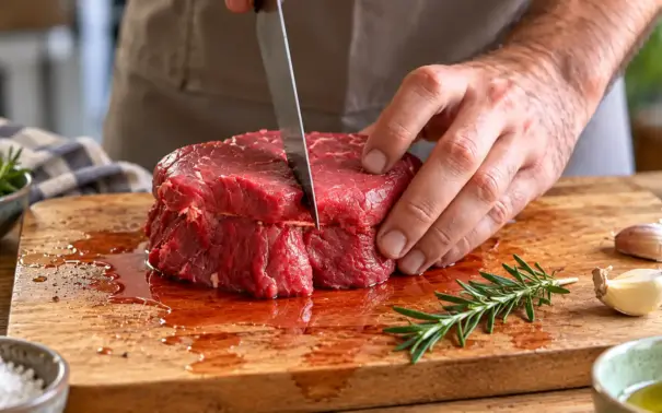 Homem corta carne em um pedaço de carne na tábua de madeira, com faca e temperos como alecrim e alho ao lado, em preparação de receita de carne solta água.