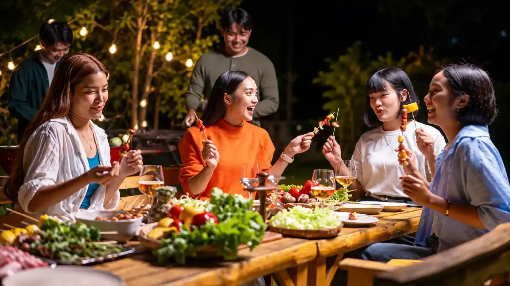 Churrasco na China: grupo de pessoas assando e comendo espetinhos à noite em uma mesa ao ar livre, com bebidas e decoração de luzes