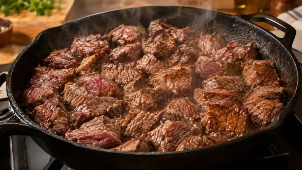carne solta água sendo preparada em frigideira com pedaços de carne grelhados, com vapor e temperos, em ambiente de cozinha