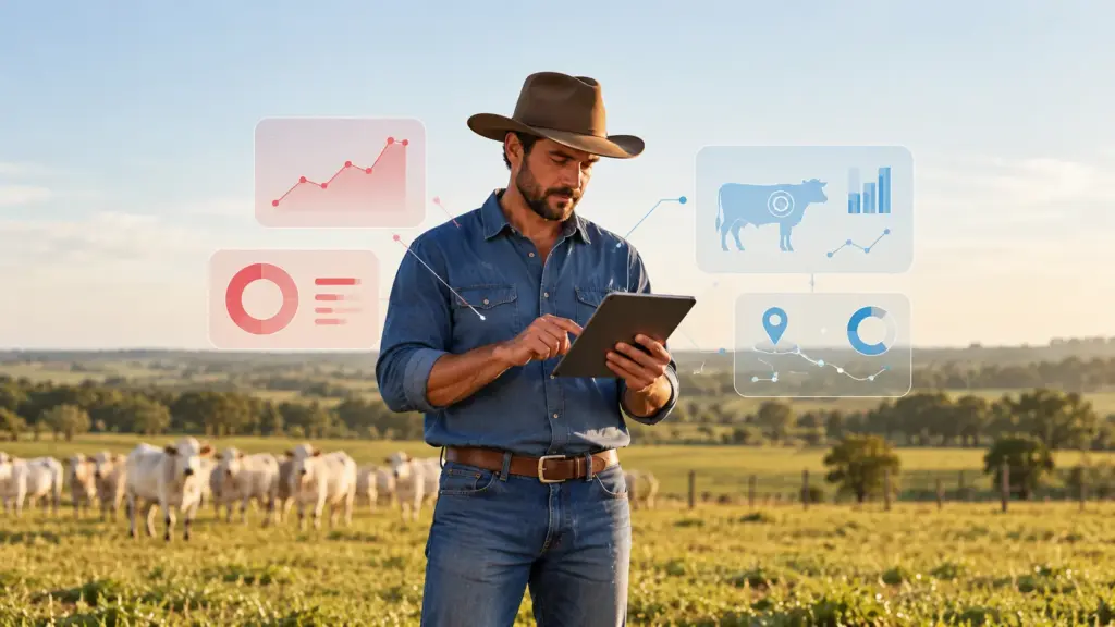 dia mundial da alimentação: agricultor em campo com pasto ao fundo, usando tablet enquanto analisa dados e gráficos digitais de produção e localização