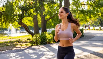 Mulher sorridente correndo ao ar livre em um parque, vestida com roupas esportivas e sob o sol da manhã, praticando corrida para perder peso.